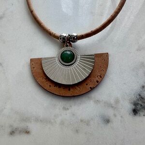 Cork & Silver-Tone Statement Necklace w/ Green Stone Pendant | Made in Portugal